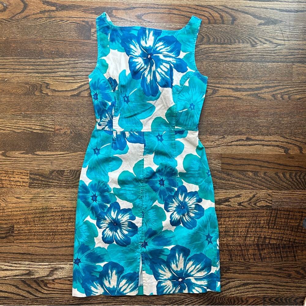 90s Express Stretch Blue Hibiscus Floral Print Sheath Dress